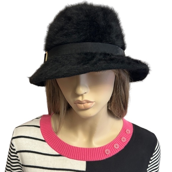 Kangol Fuzzy Angora Hat  Wool Soft Furry Luxe Bucket Cloche Trilby Black Vintage - Picture 3 of 11